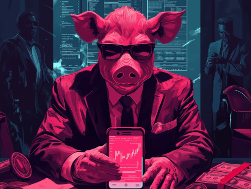 Pig butchering scam image - pig in suit holding a cell phone