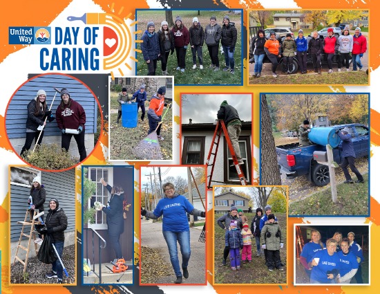 photos of staff doing raking, cleaning etc for Day of Caring