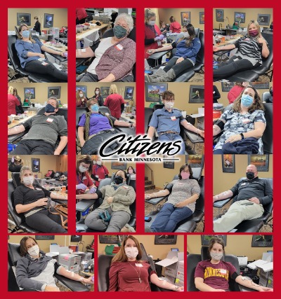 Collage of bank employees giving blood